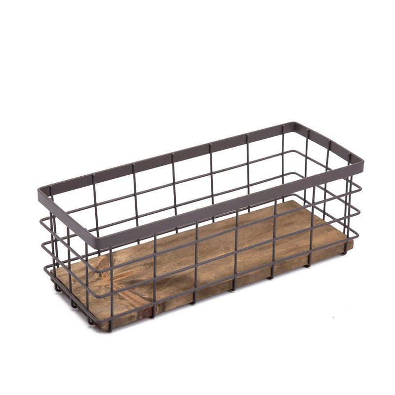 TIEYIPIN Small Metal Wire Storage Basket, Detachable Wood Base Storage Organizer Bin Basket for Kitchen Cabinets, Bathroom, Pantry, Garage, Laundry Room - Brown - Image 1